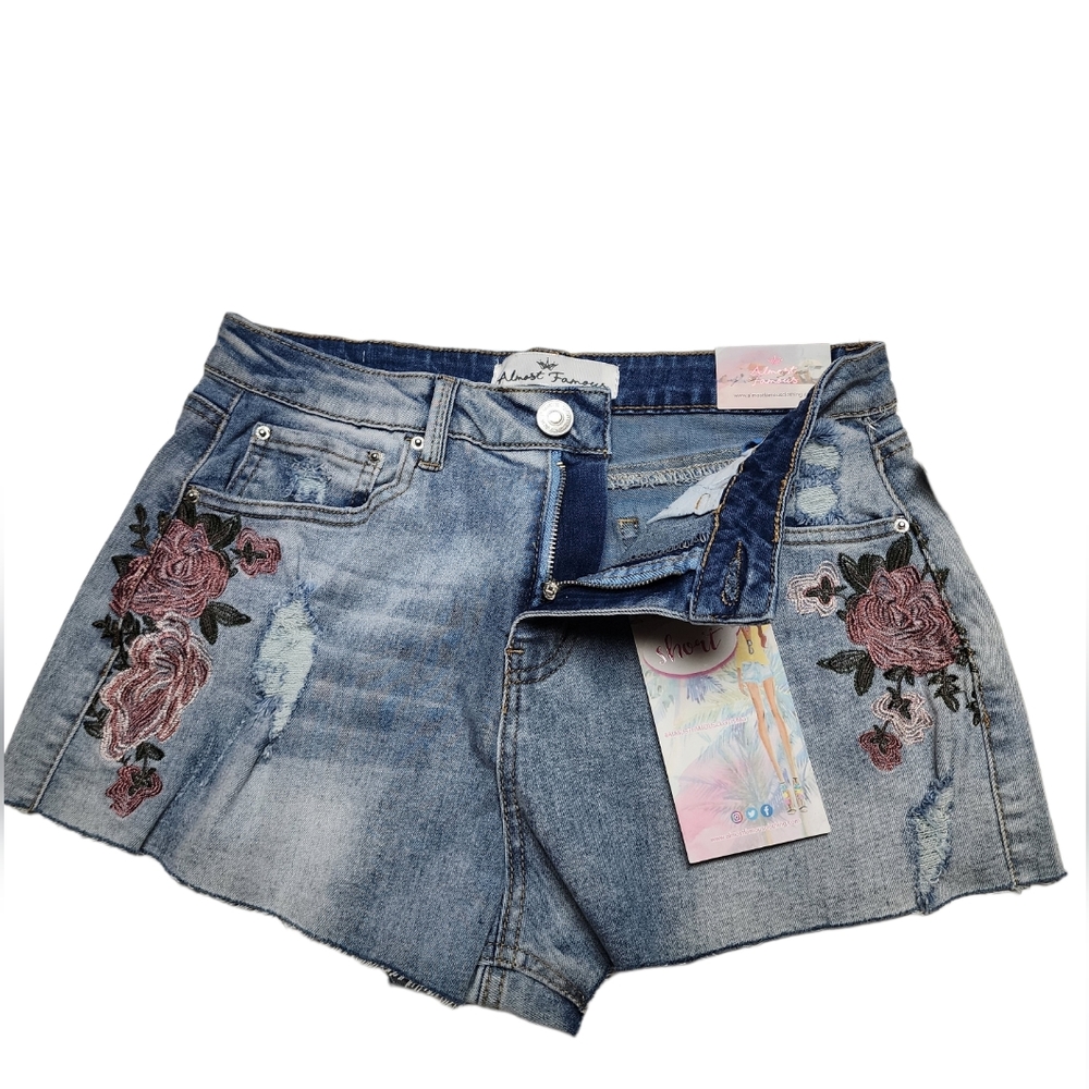 Almost Famous High Rise Destressed Shorts|Denim | Junior Women Size 9 - Picture 3 of 11